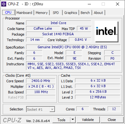 Intel Core @ 2400 MHz - CPU-Z VALIDATOR