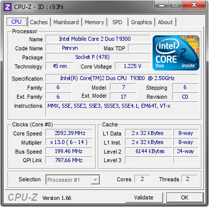 Intel Mobile Core 2 Duo T9300 @  MHz - CPU-Z VALIDATOR