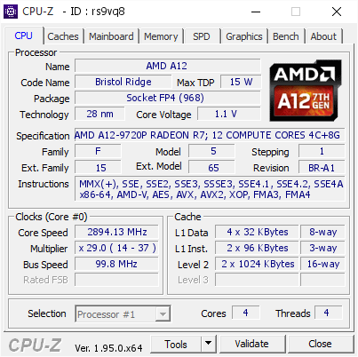 AMD A12 2894.13 MHz CPU Z VALIDATOR