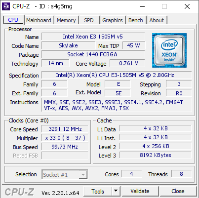 Intel Xeon E3 1505M v5 @ 3291.12 MHz - CPU-Z VALIDATOR
