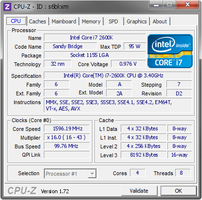 Intel Core I7 2600k 1596 19 Mhz Cpu Z Validator