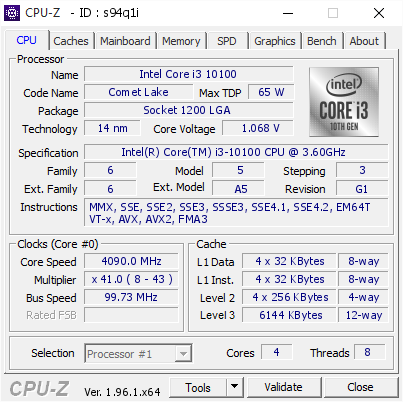 Intel Core i3 10100 @ 4090 MHz - CPU-Z VALIDATOR