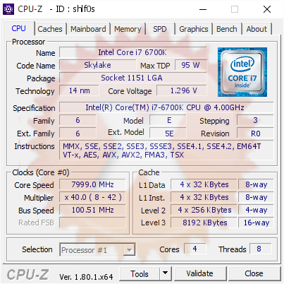 Intel Core i7 6700K @ 7999 MHz - CPU-Z VALIDATOR