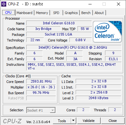 Intel Celeron G1610 @ 2593.81 MHz - CPU-Z VALIDATOR