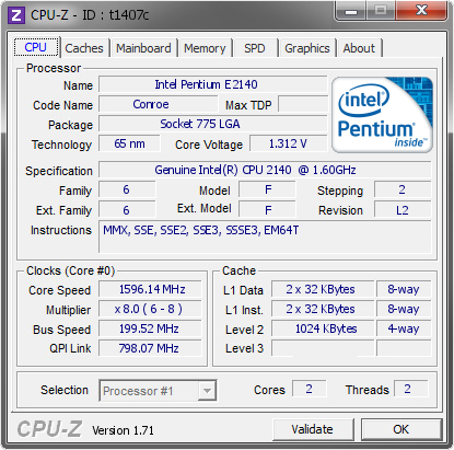 Intel Pentium E2140 @ 1596.14 MHz - CPU-Z VALIDATOR