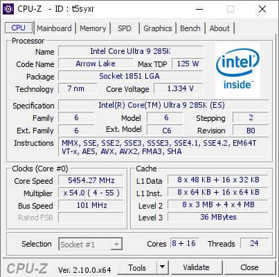 screenshot of CPU-Z validation for Dump [t5syxr] - Submitted by  YUN  - 2024-11-13 13:57:17