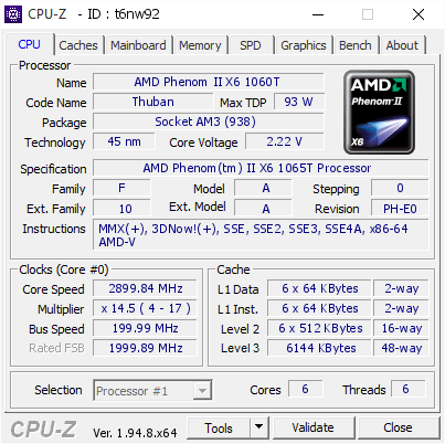 screenshot of CPU-Z validation for Dump [t6nw92] - Submitted by  USER  - 2020-12-24 15:44:59
