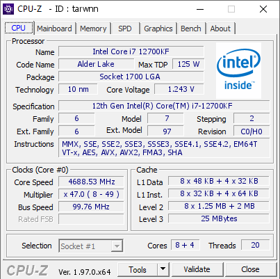 screenshot of CPU-Z validation for Dump [tarwnn] - Submitted by  DESKTOP-4Q0Q0JP  - 2022-01-24 15:14:01