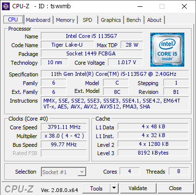 screenshot of CPU-Z validation for Dump [tswxmb] - Submitted by  I0022893  - 2023-12-20 20:59:39