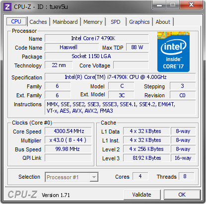 Intel Core i7 4790K @ 4300.54 MHz - CPU-Z VALIDATOR