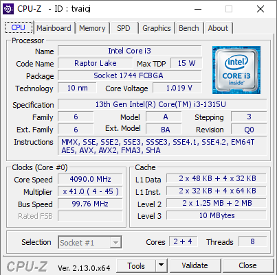 screenshot of CPU-Z validation for Dump [tvaiqi] - Submitted by  Anonymous  - 2025-01-01 23:44:43