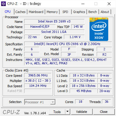 Intel Xeon E5 2699 v3 @ 3965.06 MHz - CPU-Z VALIDATOR