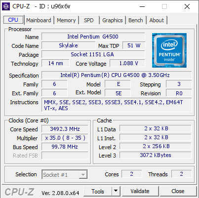 Intel Pentium G4500 @ 3492.3 MHz - CPU-Z VALIDATOR