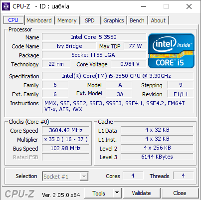 Snor Netelig Componeren Intel Core i5 3550 @ 3604.42 MHz - CPU-Z VALIDATOR