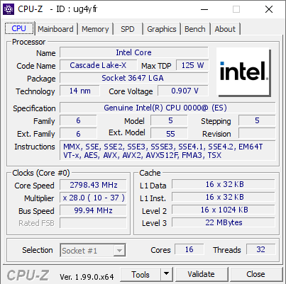 screenshot of CPU-Z validation for Dump [ug4yfr] - Submitted by  SM-X11DLP-i Board 2 5218 es   - 2022-06-20 22:41:15