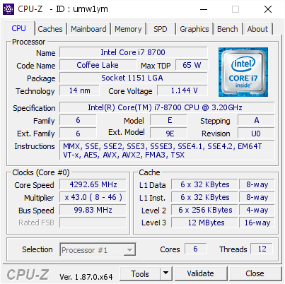 Intel Core I7 8700 4292 65 Mhz Cpu Z Validator