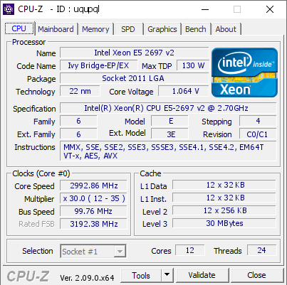 Intel Xeon E5 2697 v2 @ 2992.86 MHz - CPU-Z VALIDATOR