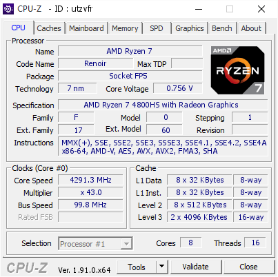 screenshot of CPU-Z validation for Dump [utzvfr] - Submitted by  RICKZ008LAPTOP  - 2020-07-14 05:03:11