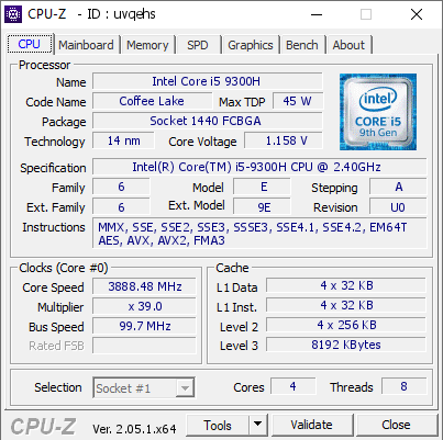 build forum handicappet Intel Core i5 9300H @ 3888.48 MHz - CPU-Z VALIDATOR