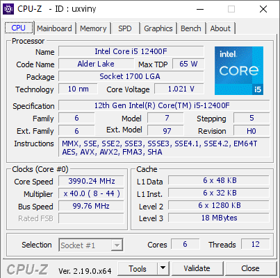 screenshot of CPU-Z validation for Dump [uxviny] - Submitted by  WARPIG  - 2026-04-01 01:39:30