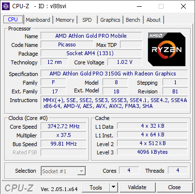 AMD Athlon Gold PRO Mobile 3742.72 MHz CPU Z VALIDATOR