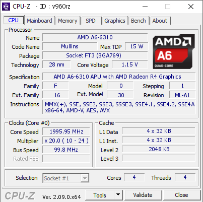 AMD A6-6310 @ 1995.95 MHz - CPU-Z VALIDATOR