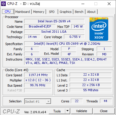 Intel Xeon E5-2699 v4 @ 1197.14 MHz - CPU-Z VALIDATOR