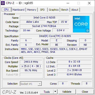 screenshot of CPU-Z validation for Dump [vgik65] - Submitted by  DESKTOP-S56UM38  - 2026-08-31 01:25:14