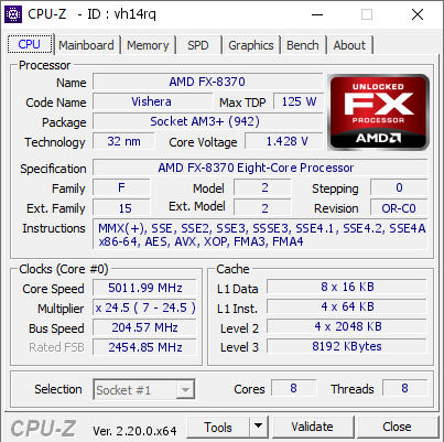 screenshot of CPU-Z validation for Dump [vh14rq] - Submitted by  DESKTOP-PKNJ6M9  - 2026-10-19 20:29:09