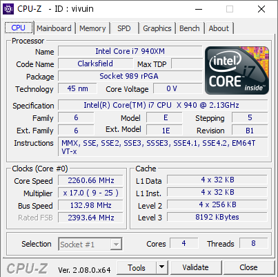 Intel Core i7 940XM @ 2260.66 MHz - CPU-Z VALIDATOR