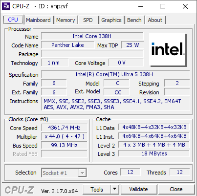 screenshot of CPU-Z validation for Dump [vnpzvf] - Submitted by  Anonymous  - 2026-04-25 14:38:54