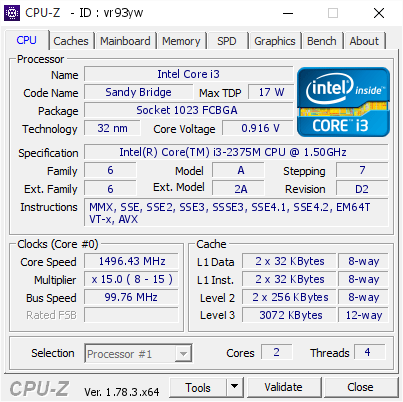 Intel Core i3 @ 1496.43 MHz - CPU-Z VALIDATOR