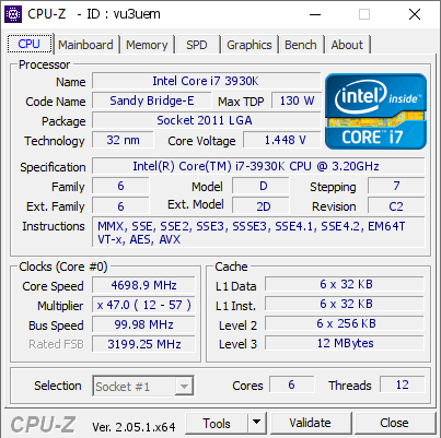 Intel Core i7 3930K @ 4698.9 MHz - CPU-Z VALIDATOR