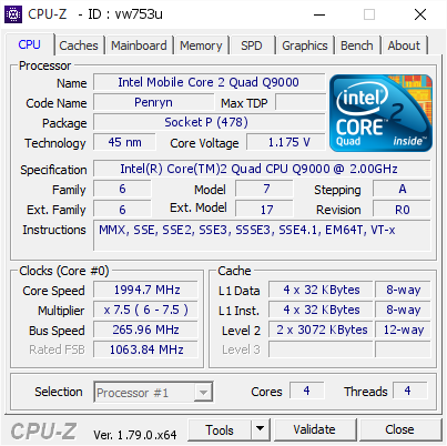 Quad Q9000 @ 1994.7 MHz - CPU-Z VALIDATOR