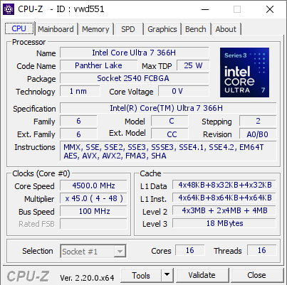 screenshot of CPU-Z validation for Dump [vwd551] - Submitted by  user  - 2026-07-13 19:33:33