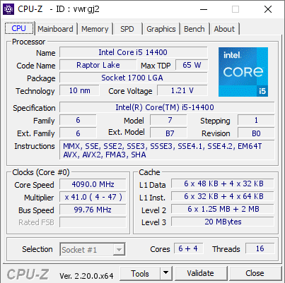 screenshot of CPU-Z validation for Dump [vwrgj2] - Submitted by  Anonymous  - 2026-05-25 06:44:14