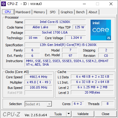 screenshot of CPU-Z validation for Dump [vxxeu0] - Submitted by  Anonymous  - 2025-09-12 00:43:33