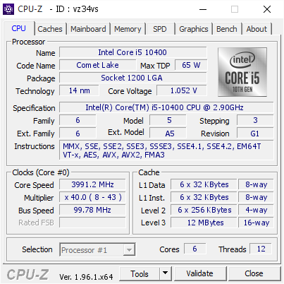 Intel Core i5 10400 @ 3991.2 MHz - CPU-Z VALIDATOR