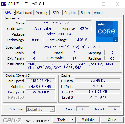 screenshot of CPU-Z validation for Dump [w0181i] - Submitted by  Anonymous  - 2024-04-01 09:59:33
