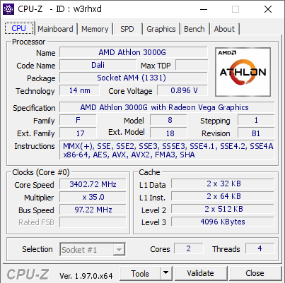 AMD Athlon 3000G 3402.72 MHz CPU Z VALIDATOR