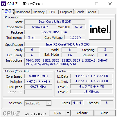 screenshot of CPU-Z validation for Dump [w7nnvn] - Submitted by  Anonymous  - 2025-11-27 11:19:21