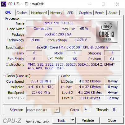 Intel Core i3 10100 @ 8514.02 MHz - CPU-Z VALIDATOR