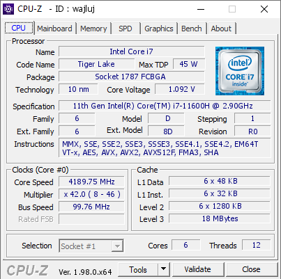 screenshot of CPU-Z validation for Dump [wajluj] - Submitted by  LAPTOP-N7TFN00O  - 2021-11-18 06:24:44