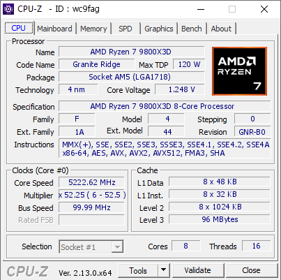 screenshot of CPU-Z validation for Dump [wc9fag] - Submitted by  BENCHMARKS FOR GAMERS  - 2025-03-14 18:15:16