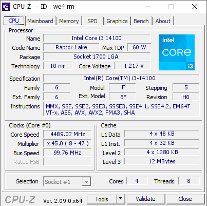 Intel Core i3 14100 @ 4489.02 MHz - CPU-Z VALIDATOR