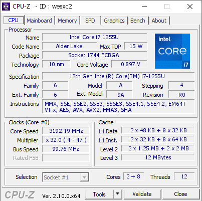 screenshot of CPU-Z validation for Dump [wesxc2] - Submitted by  DESKTOP-2Q83FPK  - 2024-09-17 13:58:12