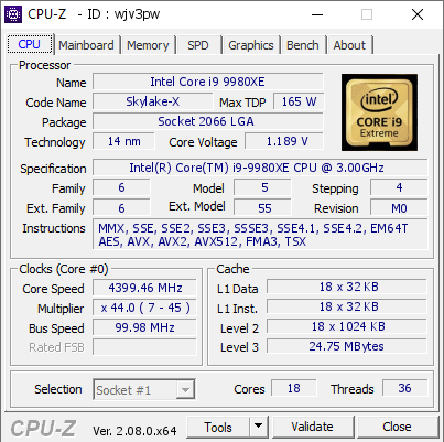 Intel Core i9 9980XE @ 4399.46 MHz - CPU-Z VALIDATOR