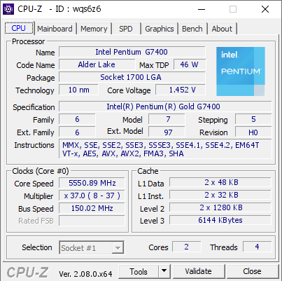 screenshot of CPU-Z validation for Dump [wqs6z6] - Submitted by  QAI  - 2023-12-21 07:34:33