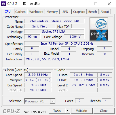 Intel Pentium Extreme Edition 840 @ 3199.83 MHz - CPU-Z VALIDATOR