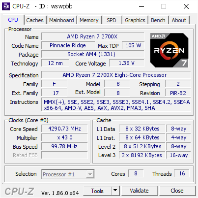 AMD Ryzen 7 2700X 4290.73 MHz CPU Z VALIDATOR